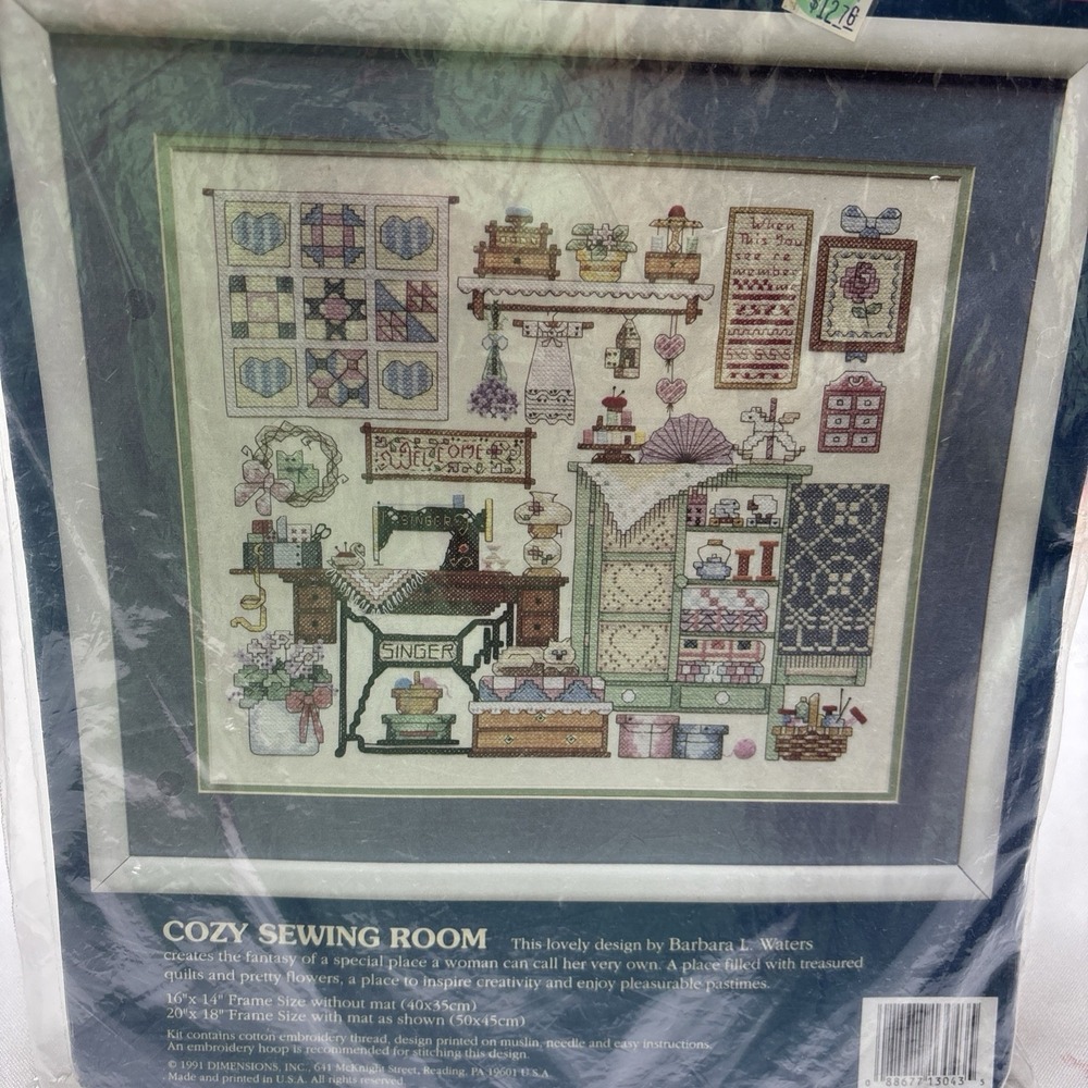 1991 Dimension Sunset Cozy Sewing Room 13043 Stamp Cross Stitch Kit Vtg Open Pkg